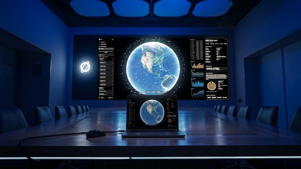 ConstellationOS command center with fleet globe on wall display and laptop